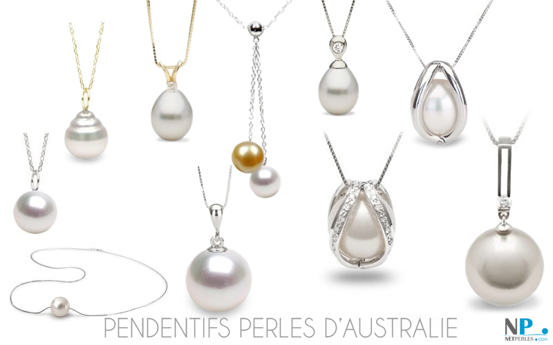 Pendentifs et perles de culture d'Australie. Bijoux haut de gamme, perles blanches argentées grandes dimensions. Pendenitifs en Or et parfois avec diamants